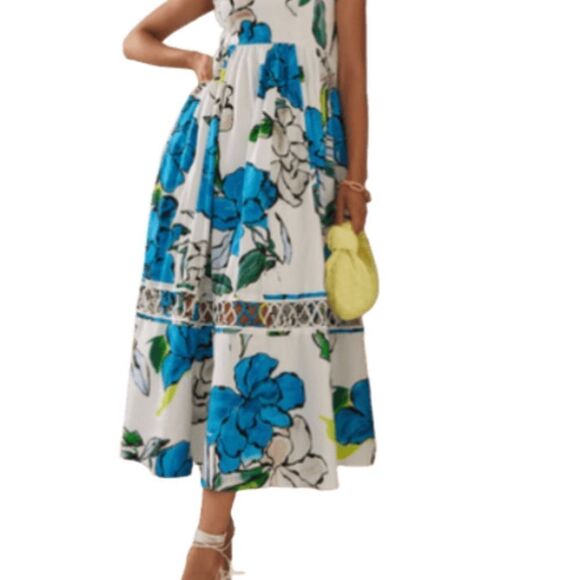 Aje Erika Blue and White Midi Sundress with Square Neck US Size 4, Aus Size 8 - Picture 3 of 4